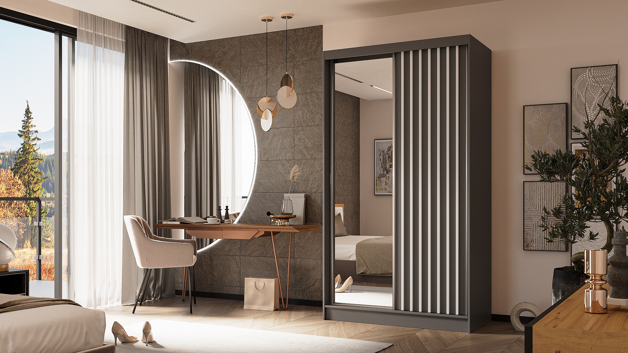 Schrank Gaja 120 graphite Grey / graphite Grey mit Spiegel und Lamellen weiß matt 