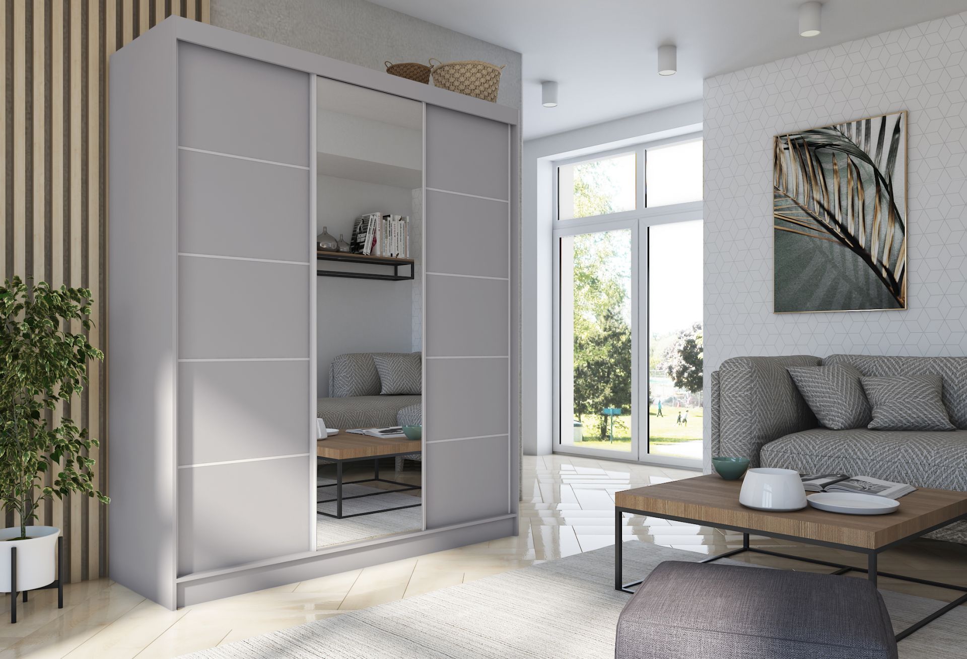 Schrank Makira 180 cm Grau mit Spiegel