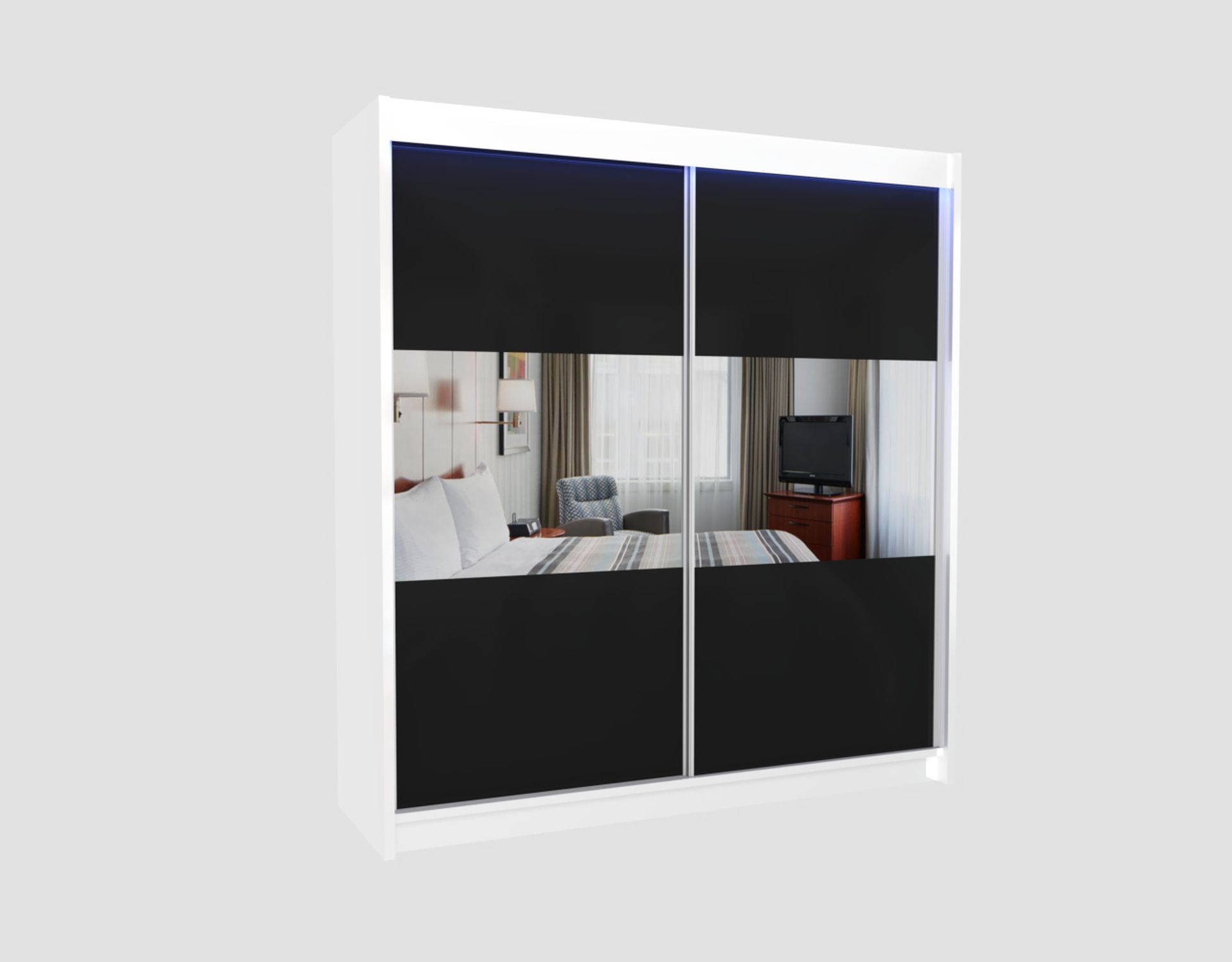 Schrank Roxanne 200 cm Weiß / Schwarz mit Spiegel