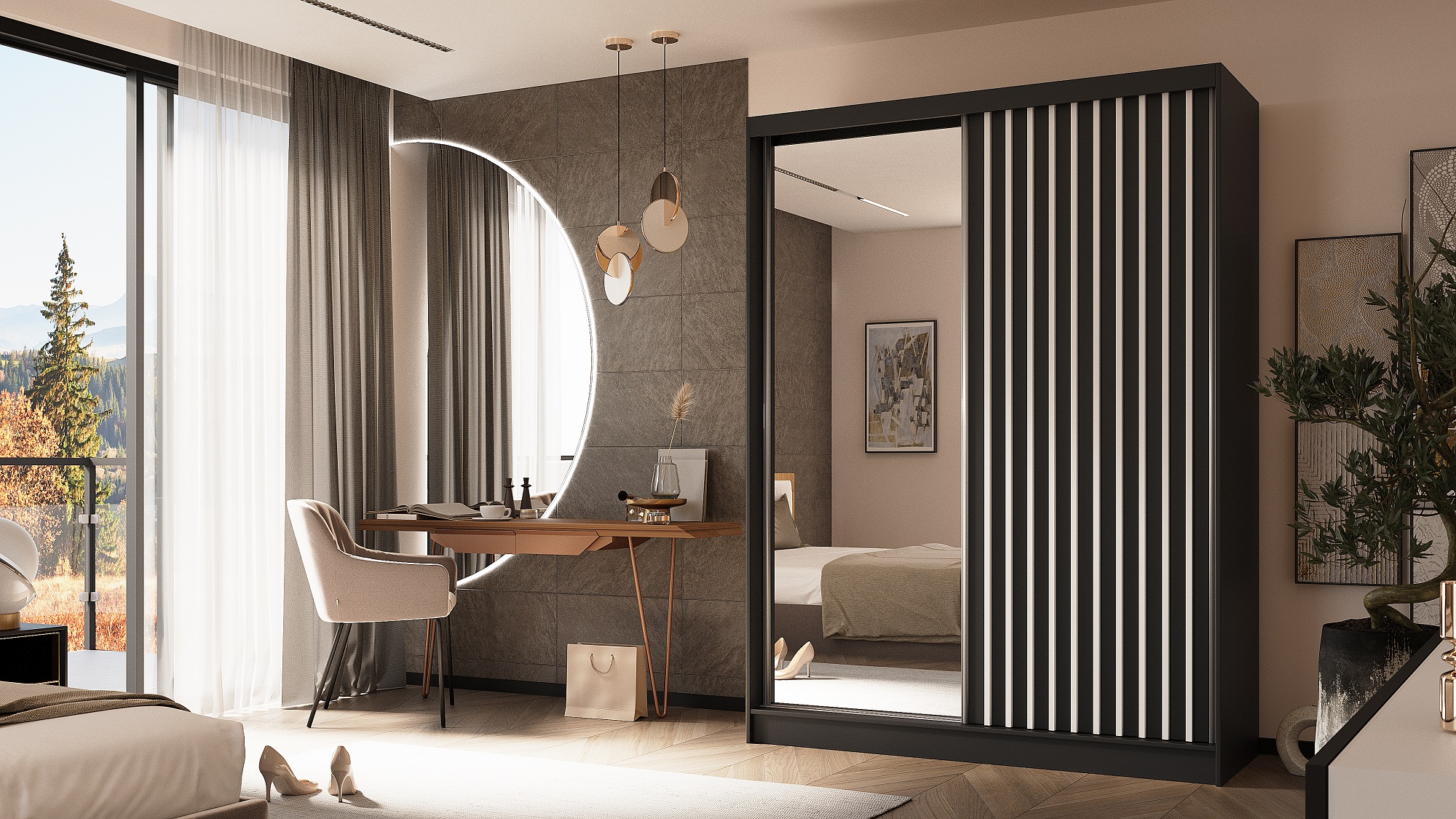 Schrank Gaja 160 schwarz matt / schwarz matt mit Spiegel und Lamellen weiß matt 