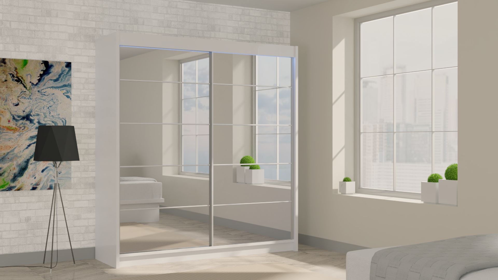Schrank Flores 200 cm Weiß mit Spiegel