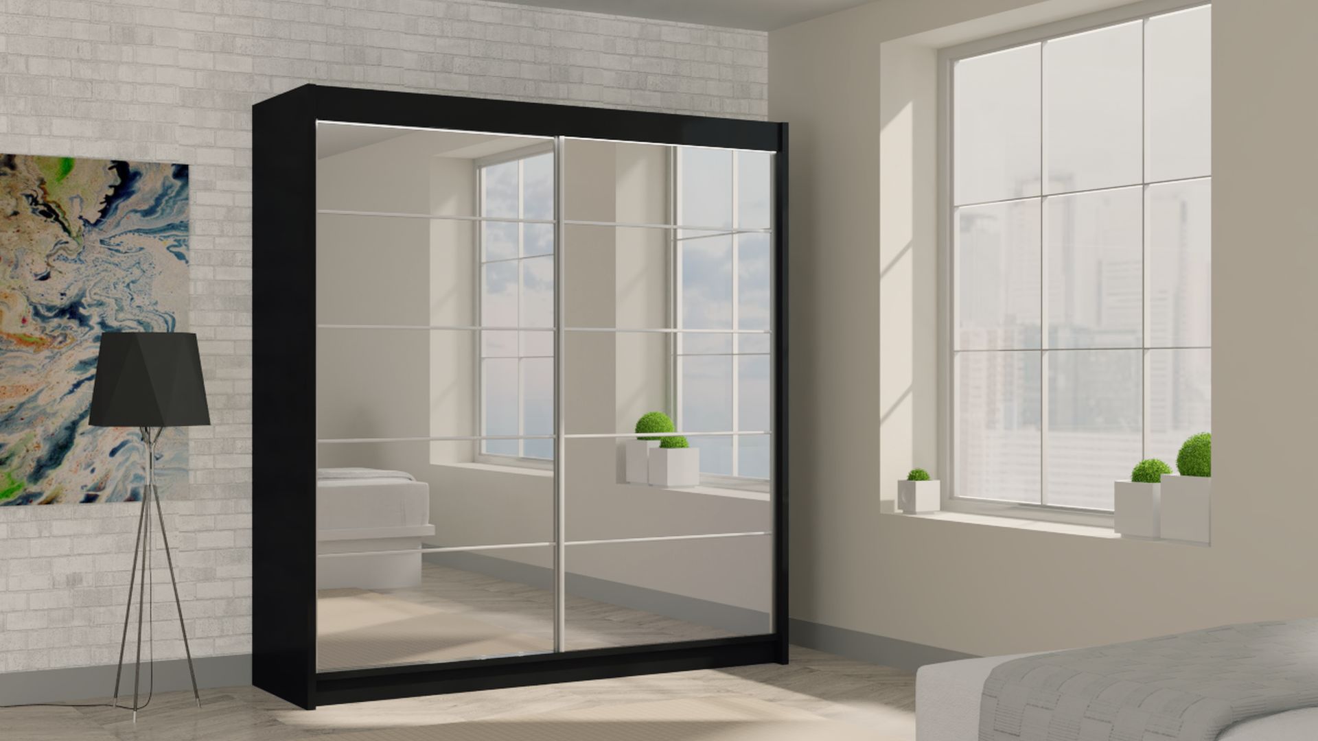 Schrank Flores 200 cm Schwarz mit Spiegel