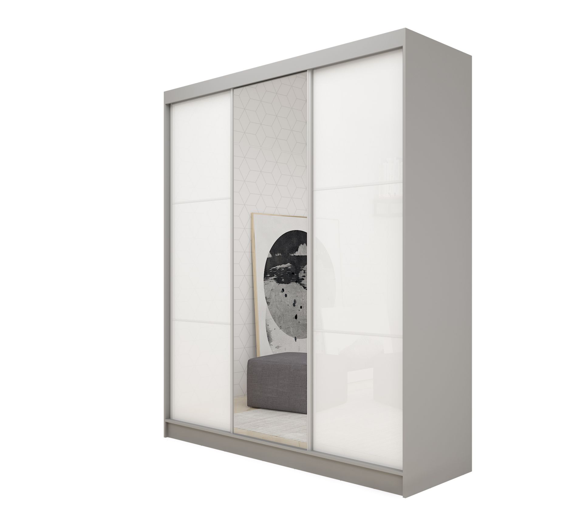 Schrank Viviana 180 cm Grau / Weißglas mit Spiegel