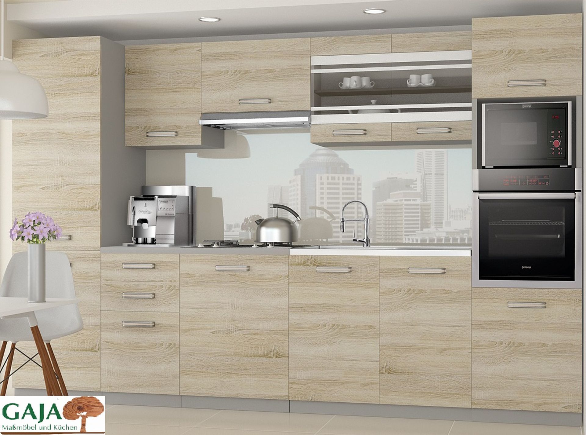 Küche 300 cm-Eiche Sonoma mit Hochschrank f. Ofen und Kühlschrank