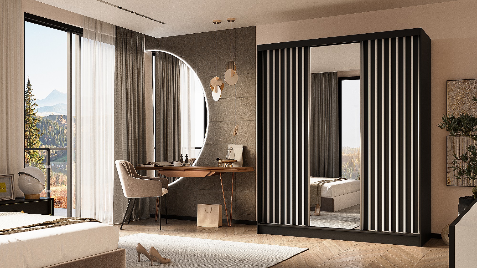 Schrank Gaja 180 graphite Grey / graphite Grey mit Spiegel und Lamellen weiß matt 