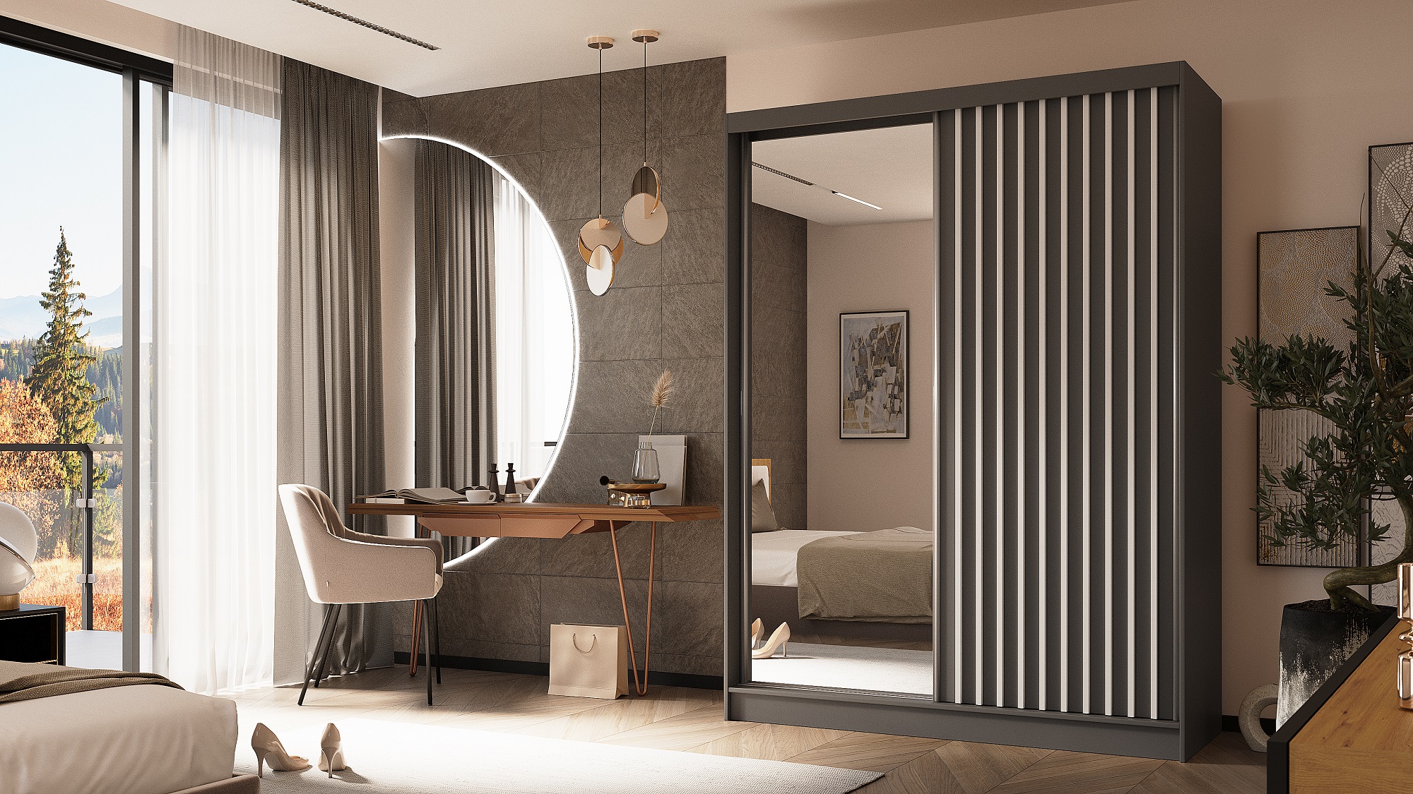 Schrank Gaja 160 graphite Grey / schwarz matt mit Spiegel und Lamellen weiß matt 