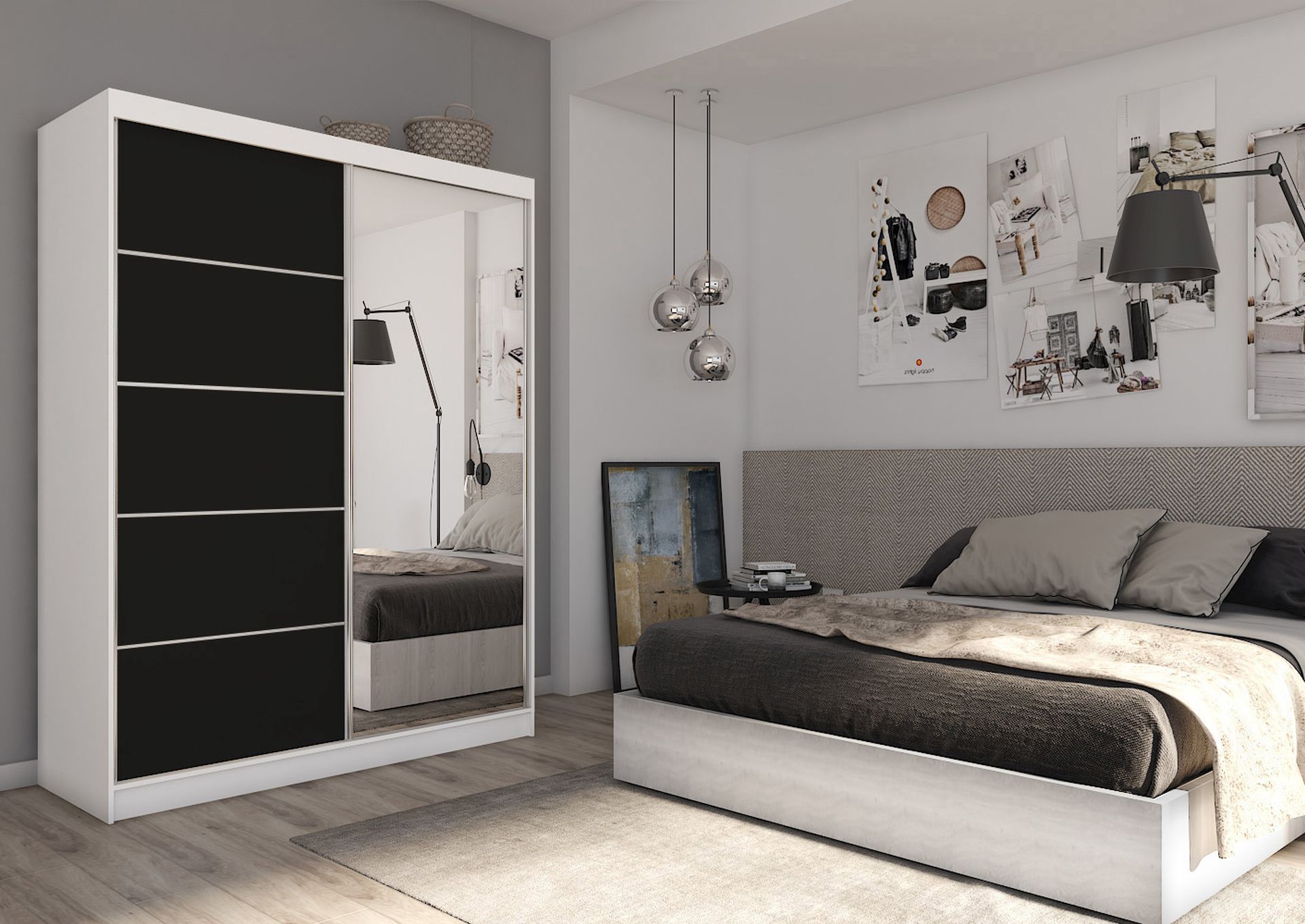 Schrank Makira 160 cm Weiß / Schwarz mit Spiegel