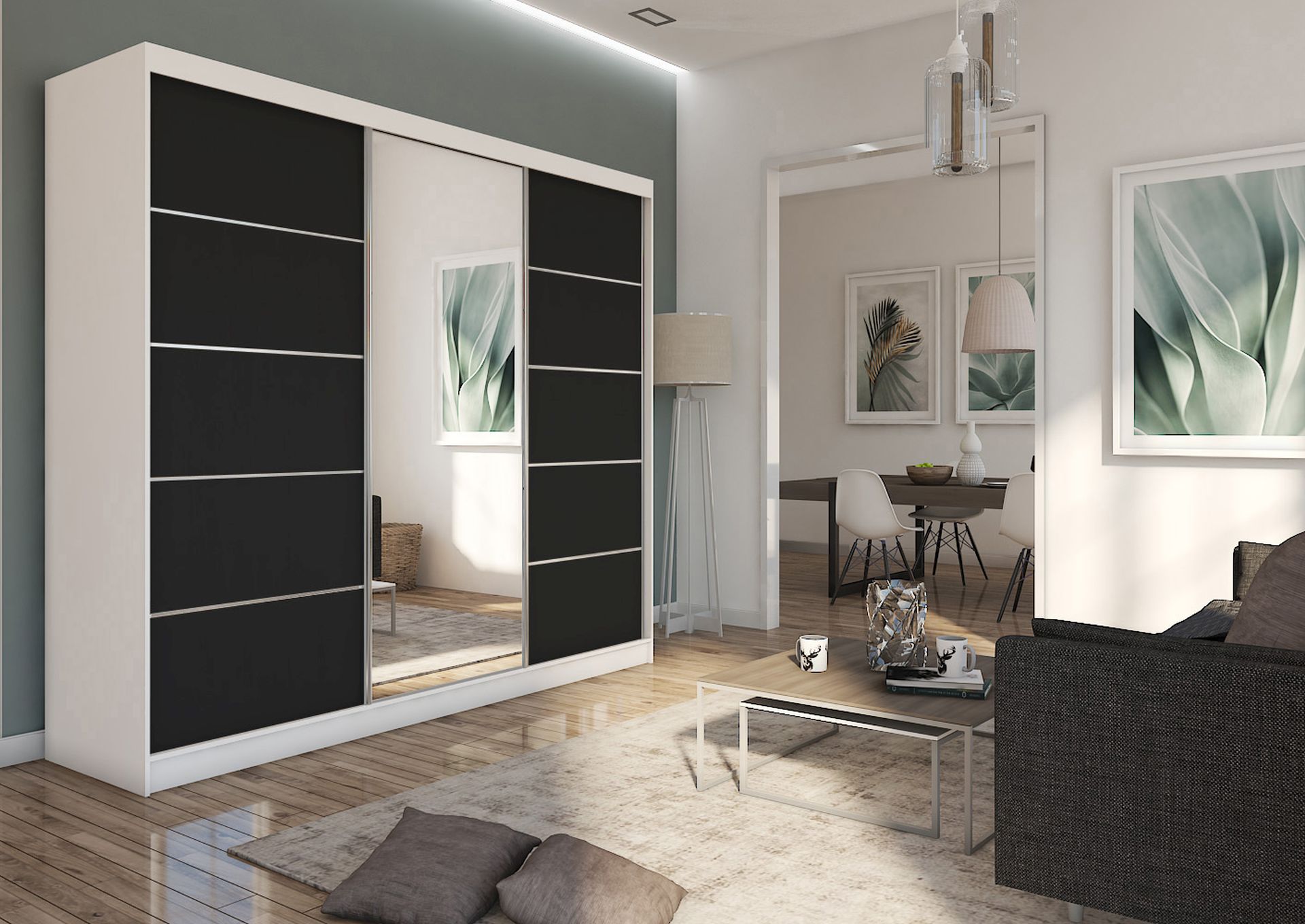 Schrank Makira 240 cm Weiß / Schwarz mit Spiegel