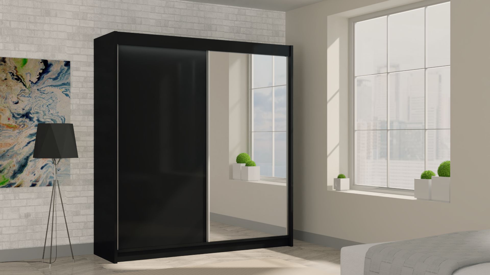 Schrank Patti 200 cm Schwarz mit Spiegel