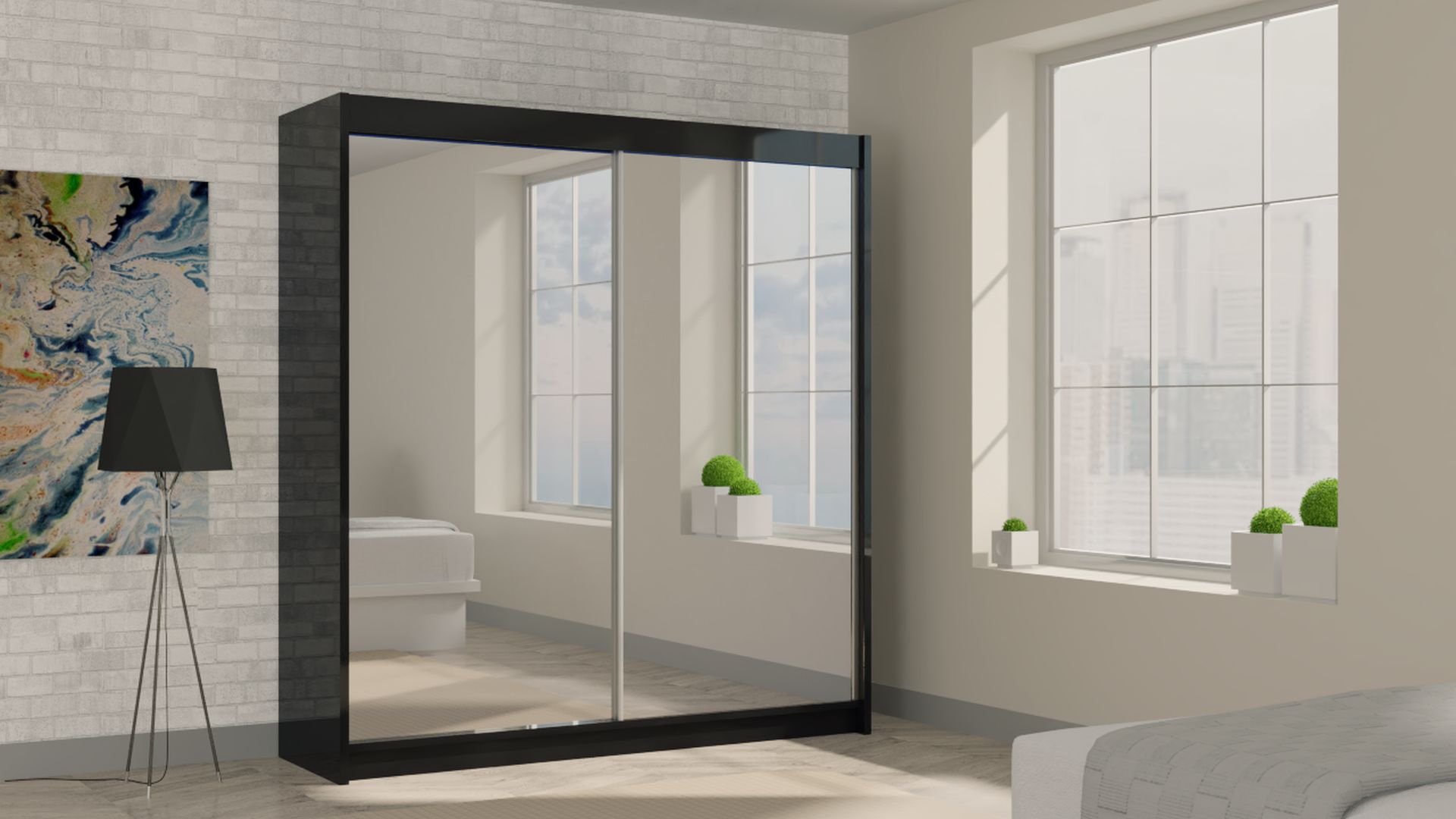 Schrank Debora 200 cm Schwarz mit Spiegel