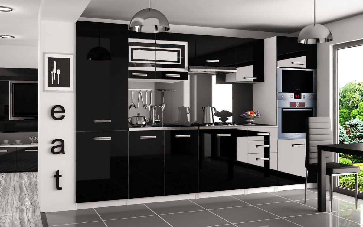 Küche 300 cm Schwarz Hochglanz mit Hochschrank f. Ofen und Kühlschrank