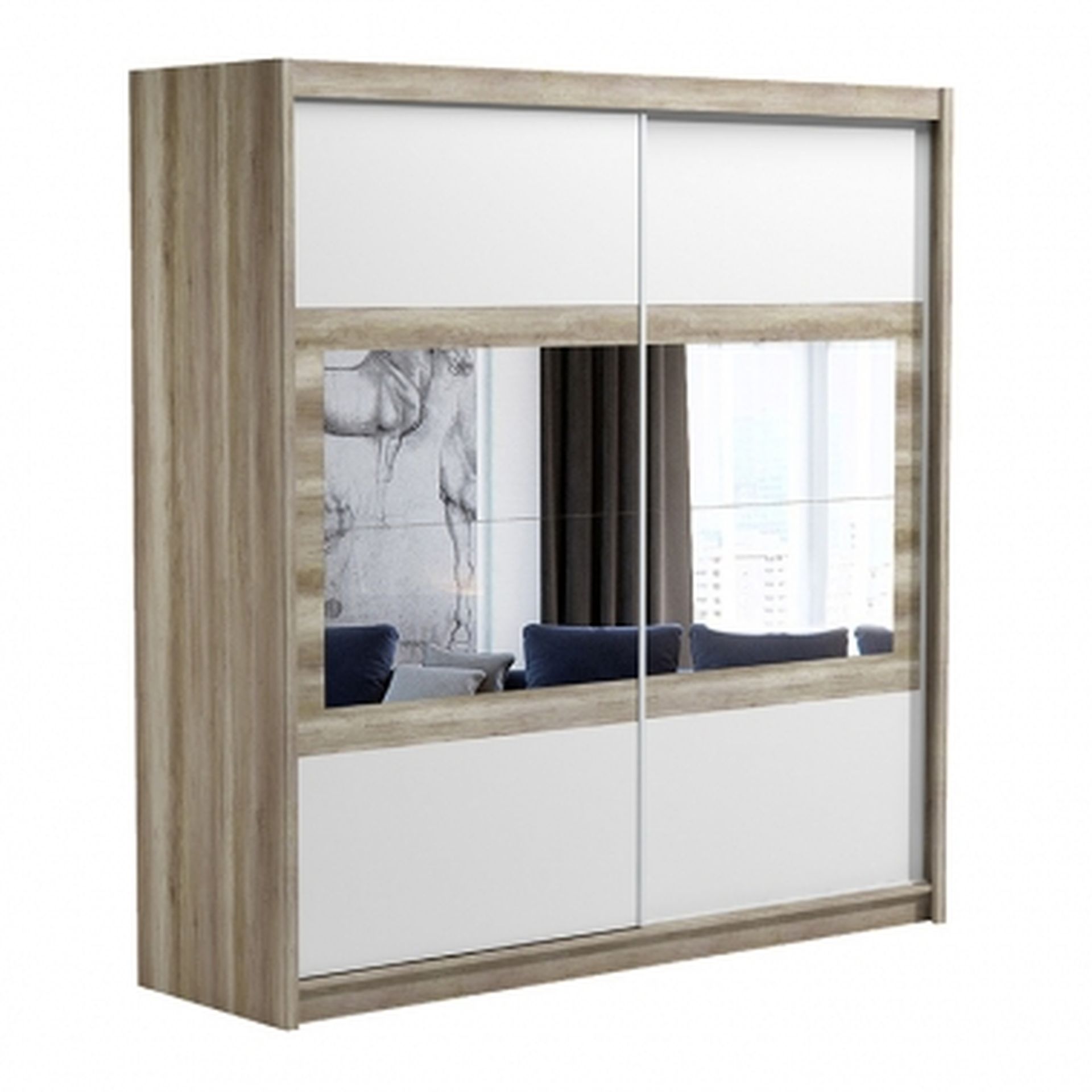 Schwebetürenschrank Salvador 203 Spiegel, Weiß matt, Canyon Eiche