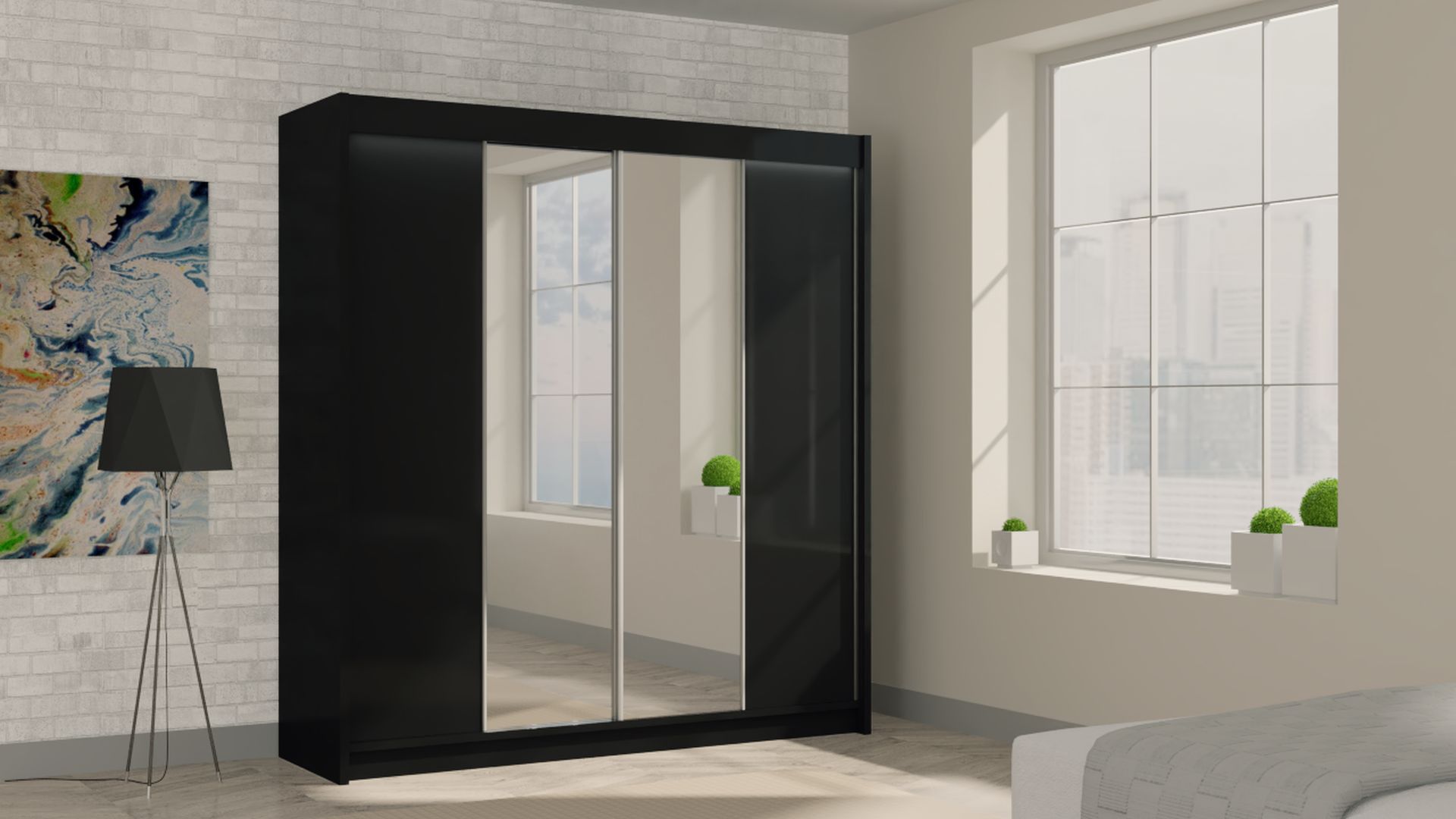 Schrank Luzon 200 cm Schwarz mit Spiegel