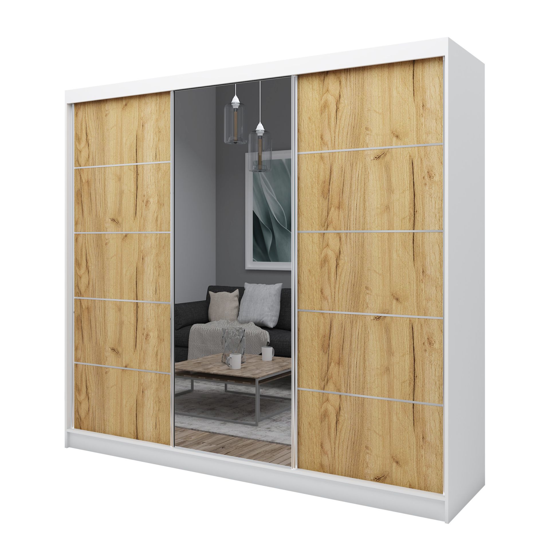 Schrank Makira 240 cm Weiß / Eiche mit Spiegel