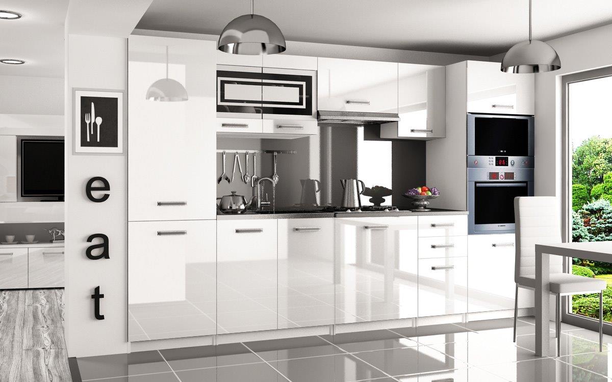 Küche 300 cm Weiß Hochglanz mit Hochschrank f. Ofen und Kühlschrank