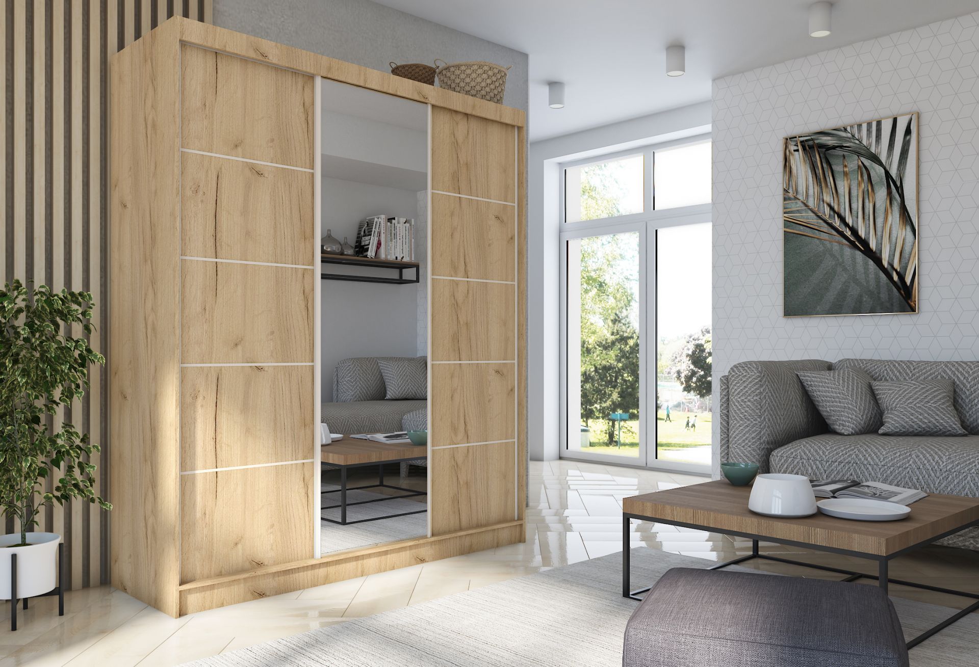 Schrank Makira 180 cm Eiche Artisan mit Spiegel