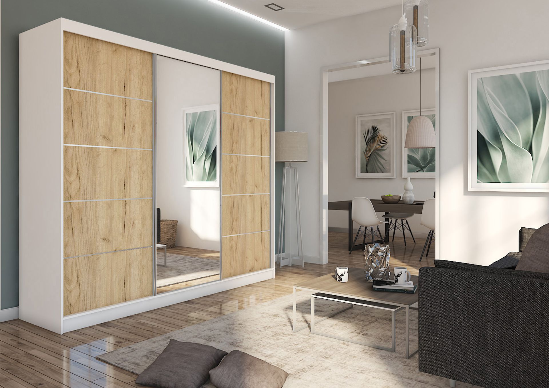 Schrank Makira 240 cm Weiß / Eiche mit Spiegel