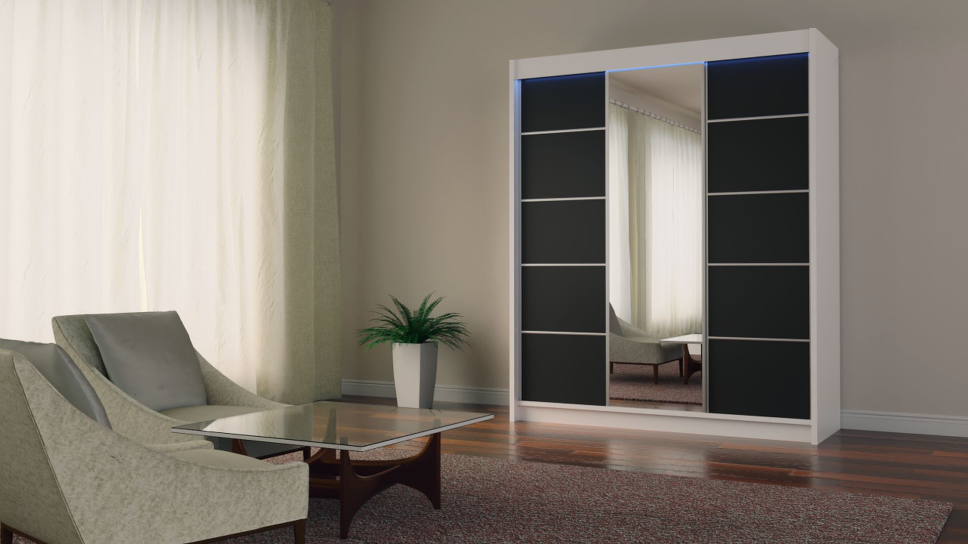 Schrank Makira 180 cm Weiß / Schwarz mit Spiegel