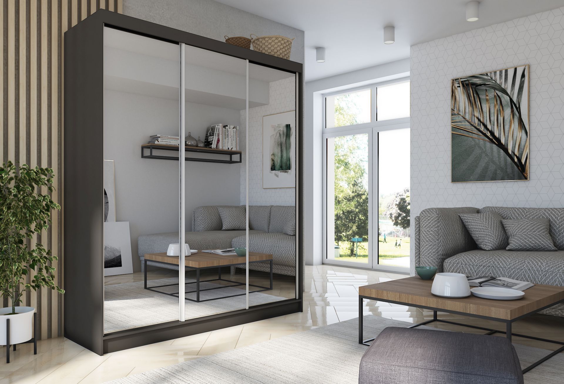 Schrank Debora 180 cm Schwarz mit Spiegel