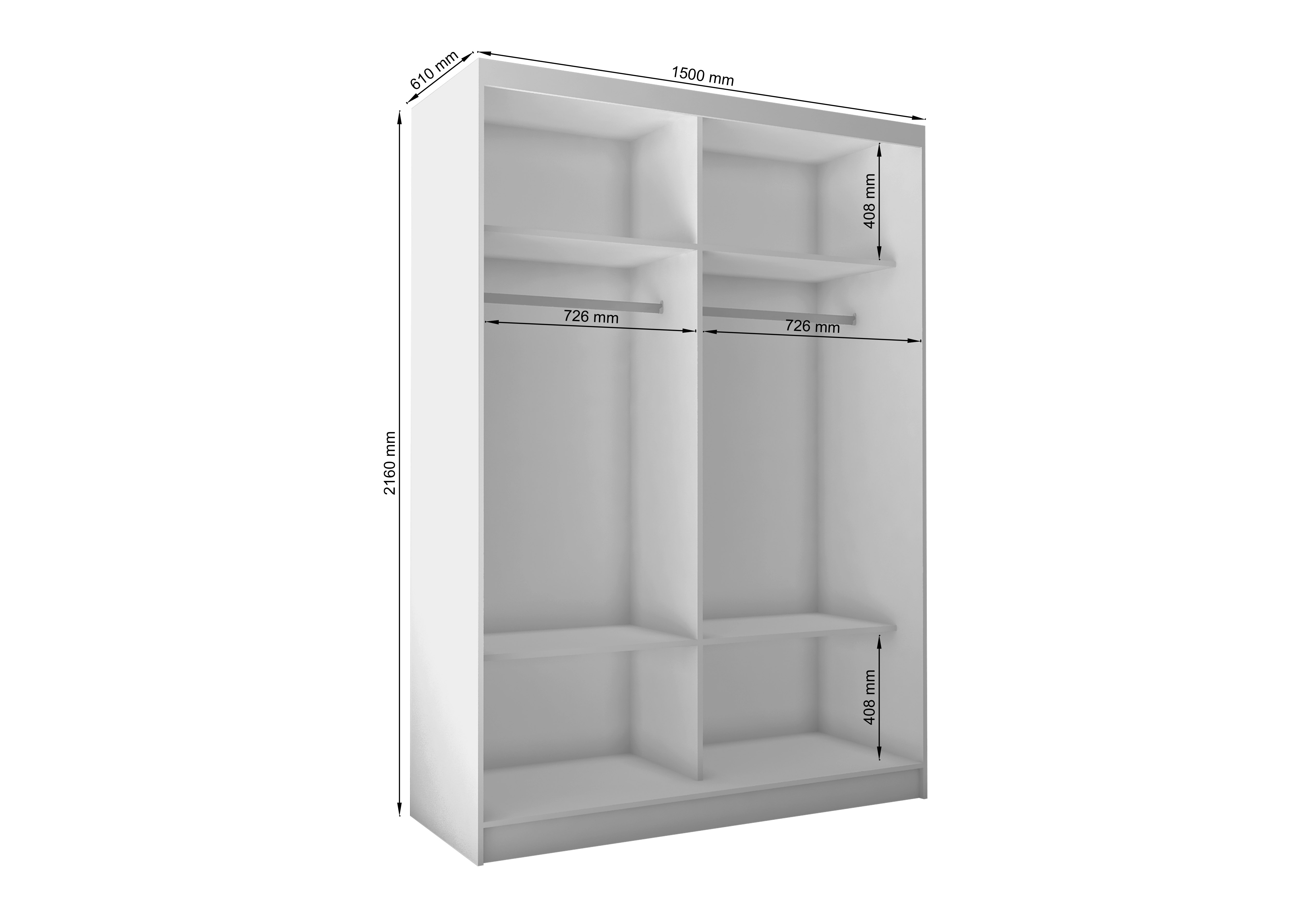 Schrank Gaja 150 schwarz matt / schwarz matt mit Spiegel und Lamellen weiß matt 