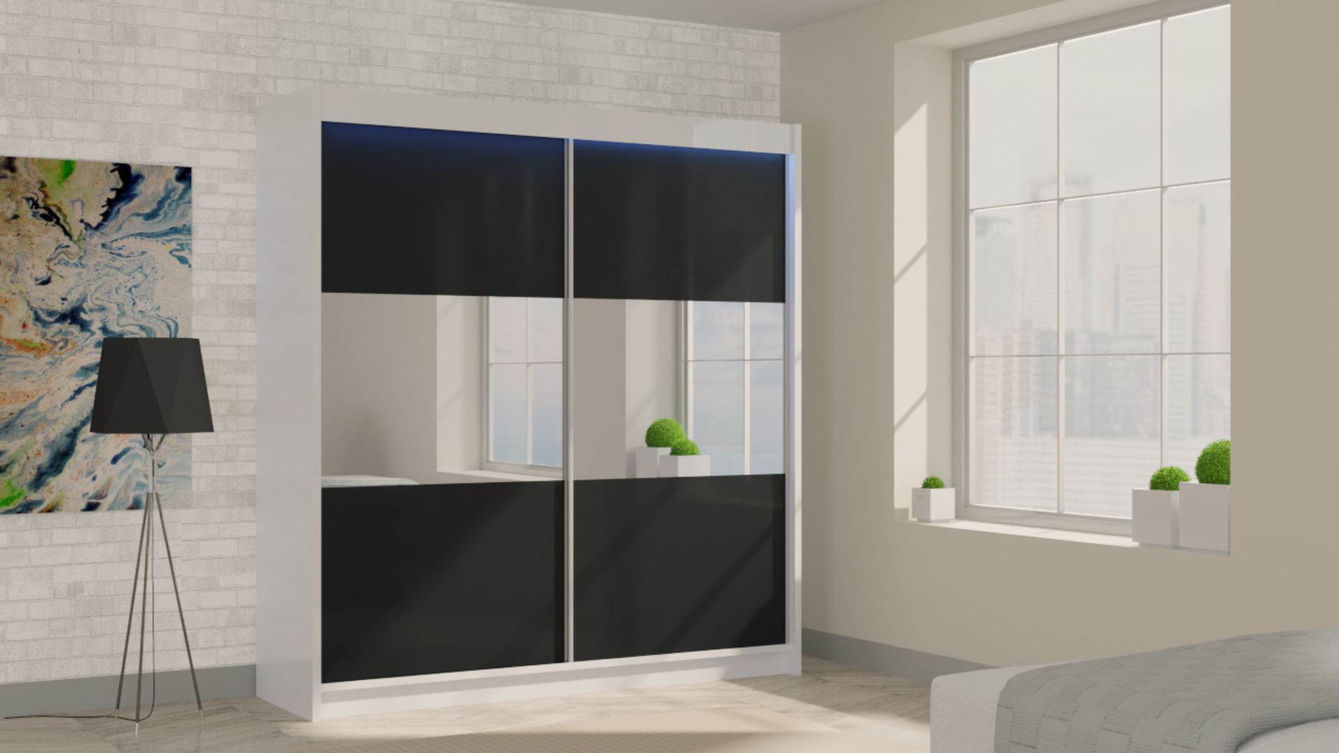 Schrank Roxanne 200 cm Weiß / Schwarz mit Spiegel