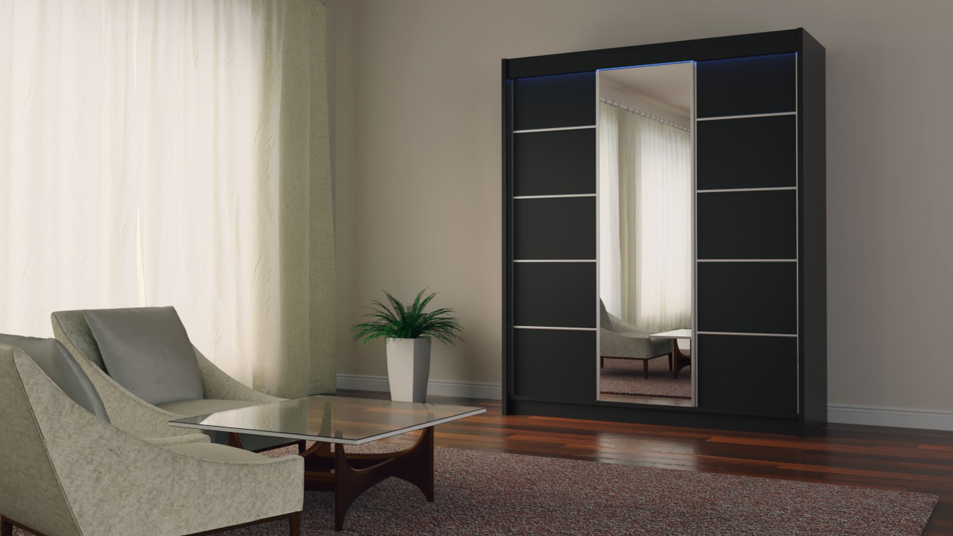 Schrank Makira 180 cm Schwarz mit Spiegel