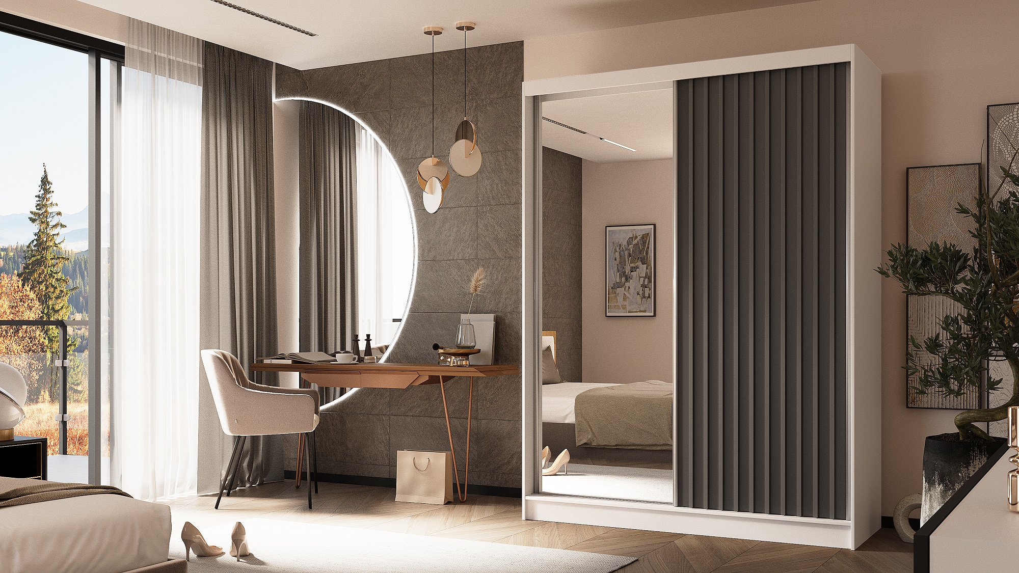 Schrank Gaja 160 weiß matt / graphite Grey mit Spiegel und Lamellen graphite Grey 