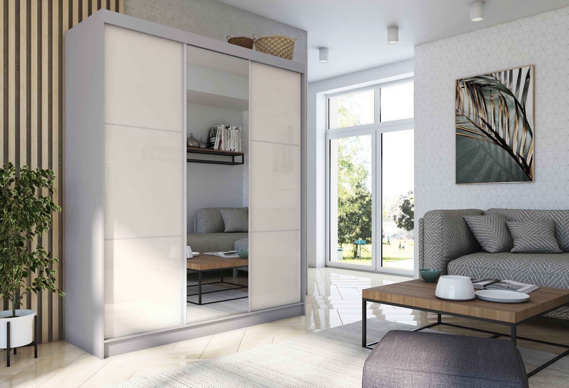 Schrank Viviana 180 cm Grau / Weißglas mit Spiegel